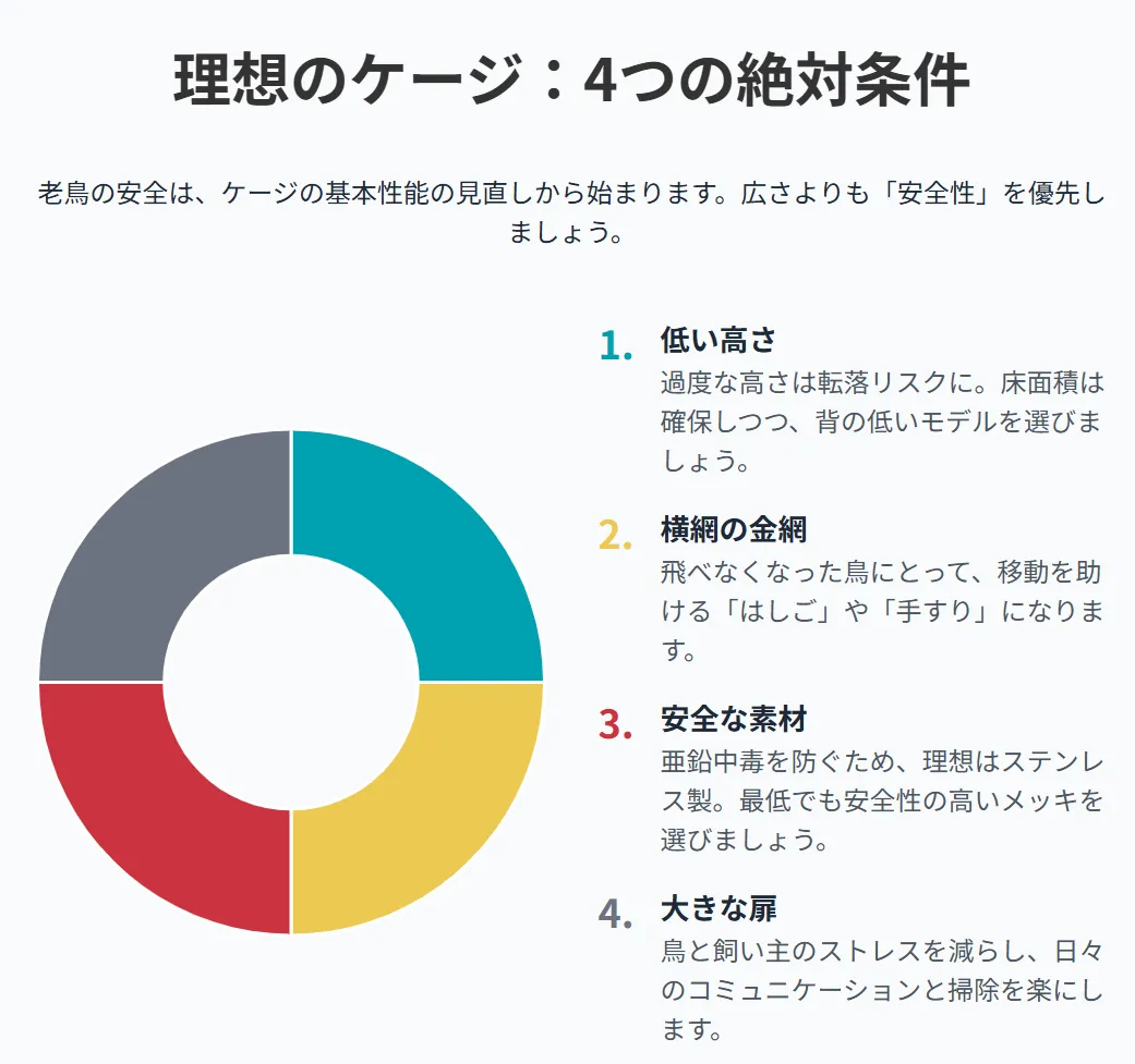 老鳥のオカメインコが安全対策を施したケージ内で低い止まり木に止まり、快適そうにしている様子