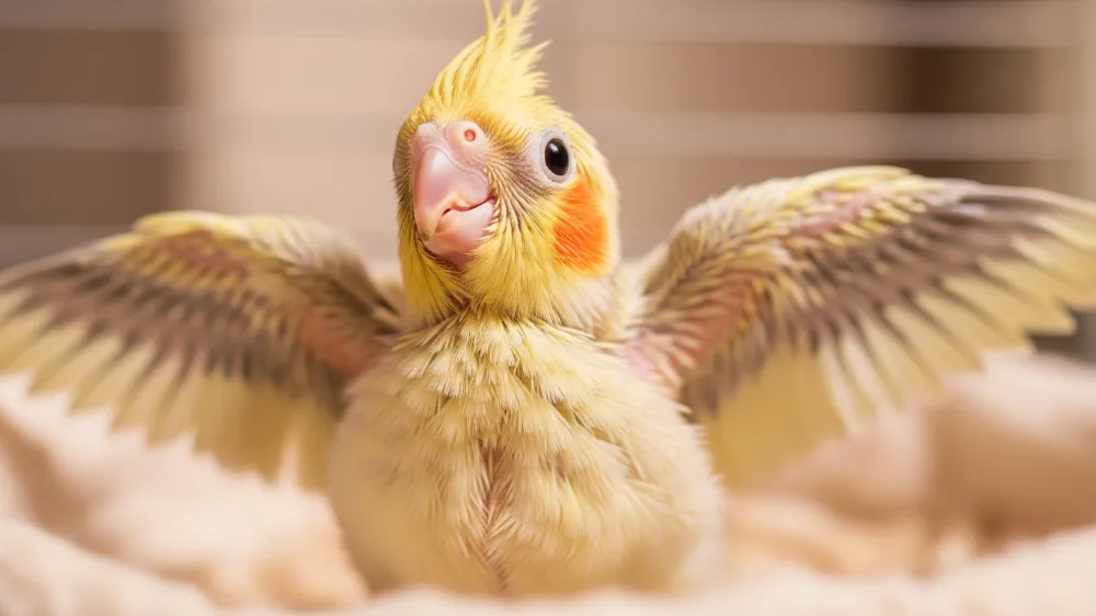 生後1ヶ月のオカメインコ雛が人懐っこく飼い主と触れ合う様子。この時期の育て方が重要。