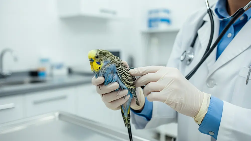 体調が悪そうで獣医師に診察されているセキセイインコ