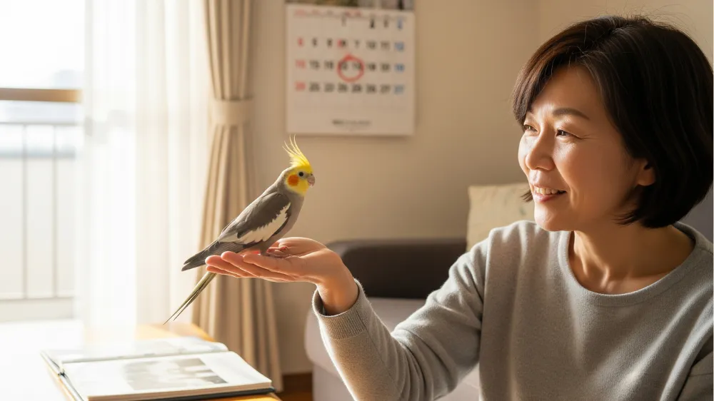 健康的な餌を食べて元気に長生きするオカメインコと、優しく見守る飼い主