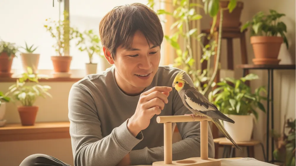 飼い主の肩に乗り、深い信頼関係で結ばれた成鳥のオカメインコ。知能が安定し、パートナーシップを築く時期。