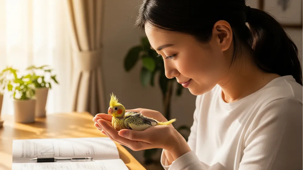 飼い主に向かって口を開け、甘え鳴きで挿し餌をねだるオカメインコの雛