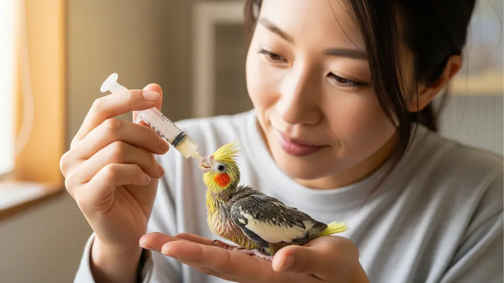 飼い主がオカメインコの雛にシリンジを使って優しく挿し餌を与えている場面