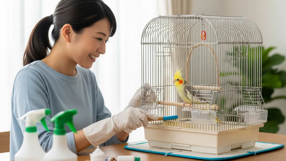 週3回10分でできるオカメインコのケージ掃除の具体的な手順。新聞紙交換2分、餌水交換3分、フン除去5分の時短術。