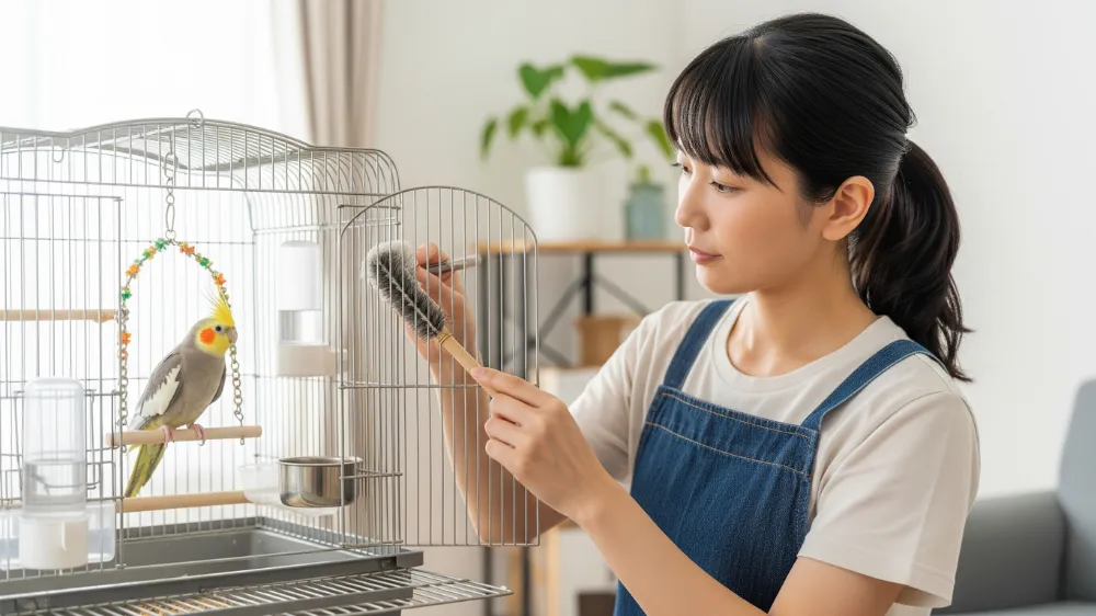 オカメインコのケージ掃除に関するよくある質問(FAQ)に答えるためのイメージ画像。