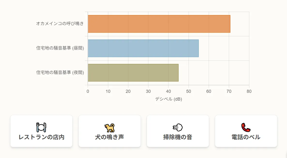 オカメインコの騒音レベル70.7dBを、レストラン内や掃除機（70dB）と比較するインフォグラフィック。