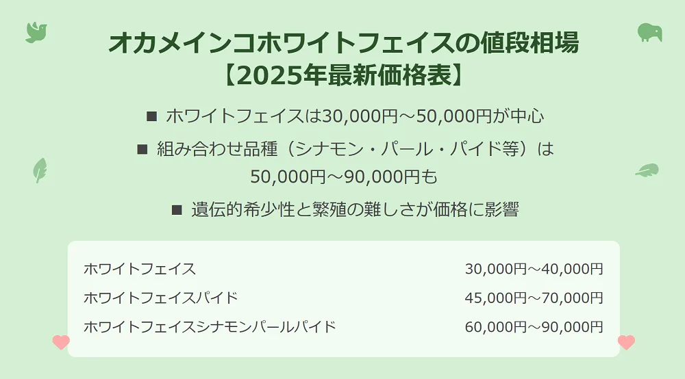 オカメインコホワイトフェイスの値段相場を示すインフォグラフィック。基本品種が3万円から、希少な複合品種は9万円にもなることを解説。