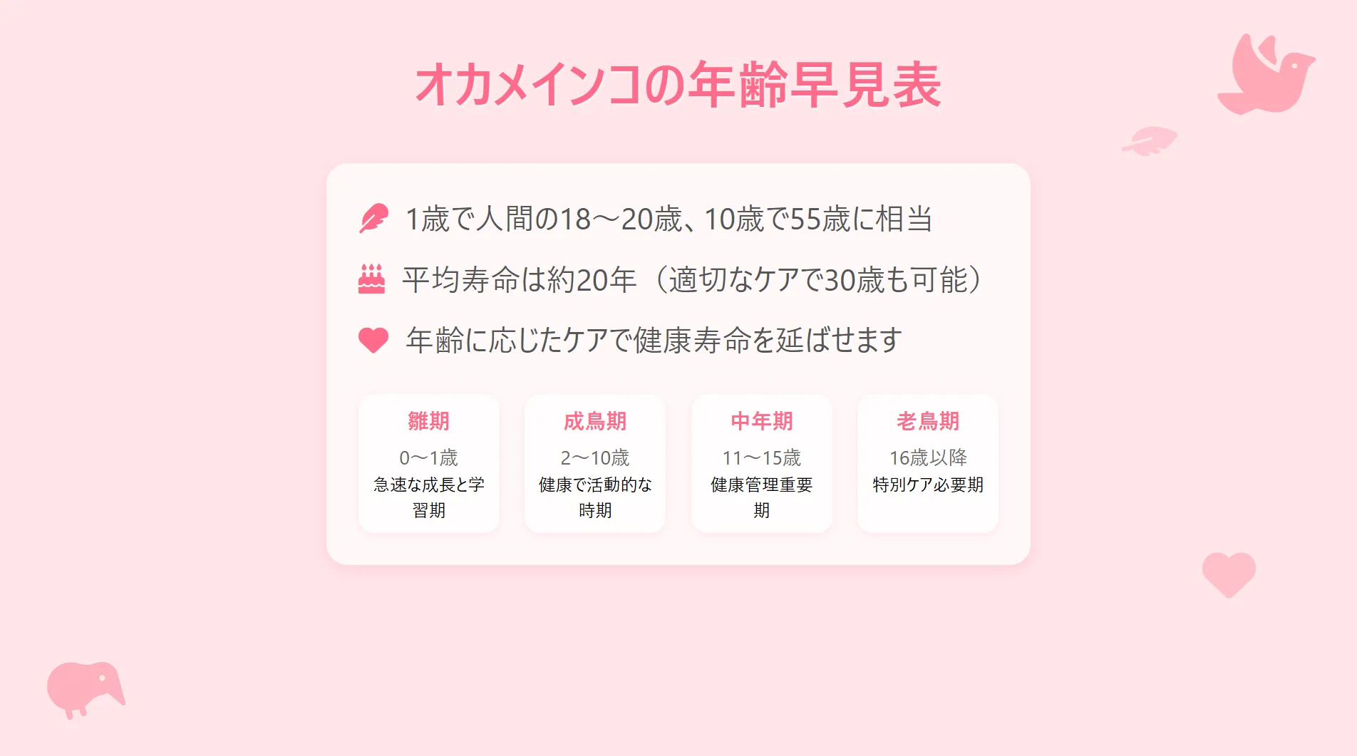 様々なライフステージのオカメインコが並び、年齢と人間年齢の換算を示すイラスト