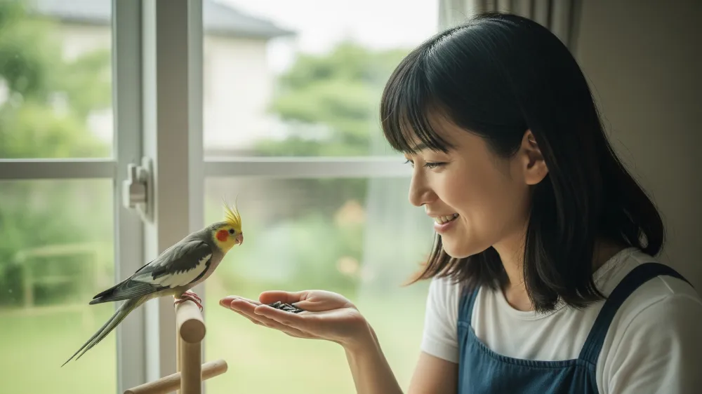 元気に遊ぶ成鳥期のオカメインコと、健康管理に必要な項目（食事・運動）のイラスト
