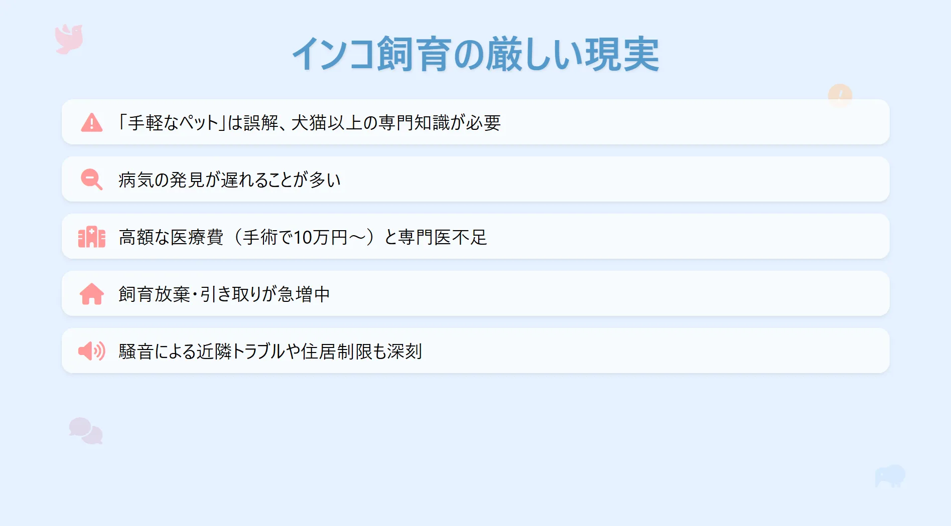 「手軽なペット」という誤解と、実際の飼育負担（高額医療費・専門医不足など）のギャップを示すインフォグラフィック。