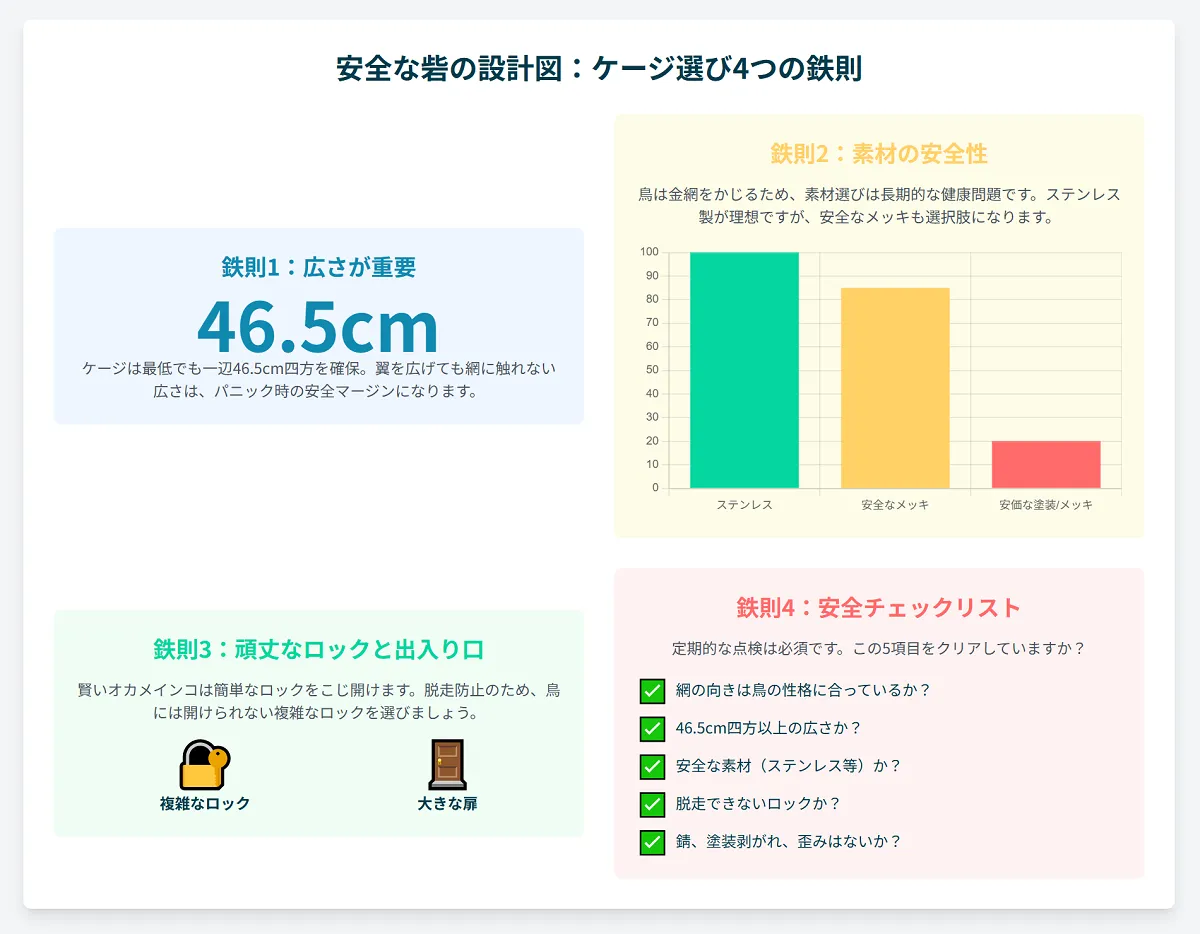 オカメパニックを防ぐ安全なケージ選び4つの鉄則。サイズは46.5cm四方以上、素材はステンレス、頑丈なロック、網目間隔1.3-1.6cmが重要であることを示すインフォグラフィック。