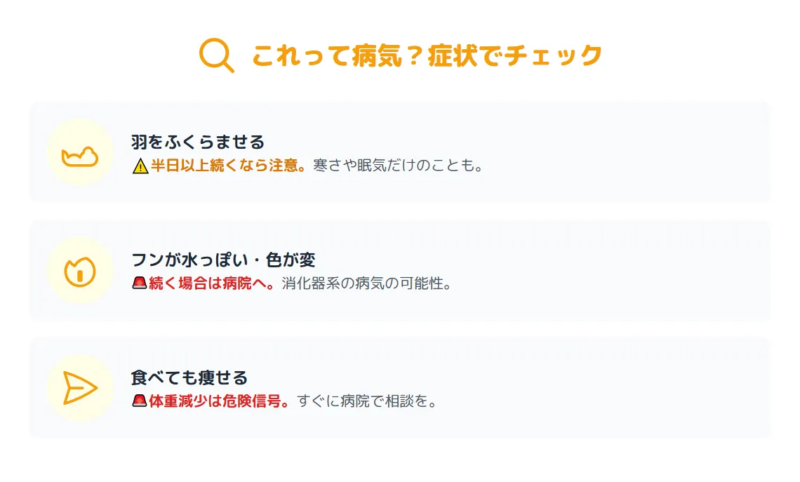 オカメインコの症状別チェック表のインフォグラフィック。フンが水っぽい、くしゃみ、体重減少など、様子見で良いか受診すべきかの判断基準を図解。