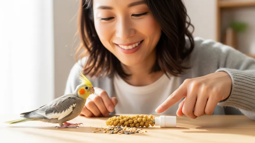 ケージの床に撒かれた餌をついばみ、一人餌の練習を始めたオカメインコの雛