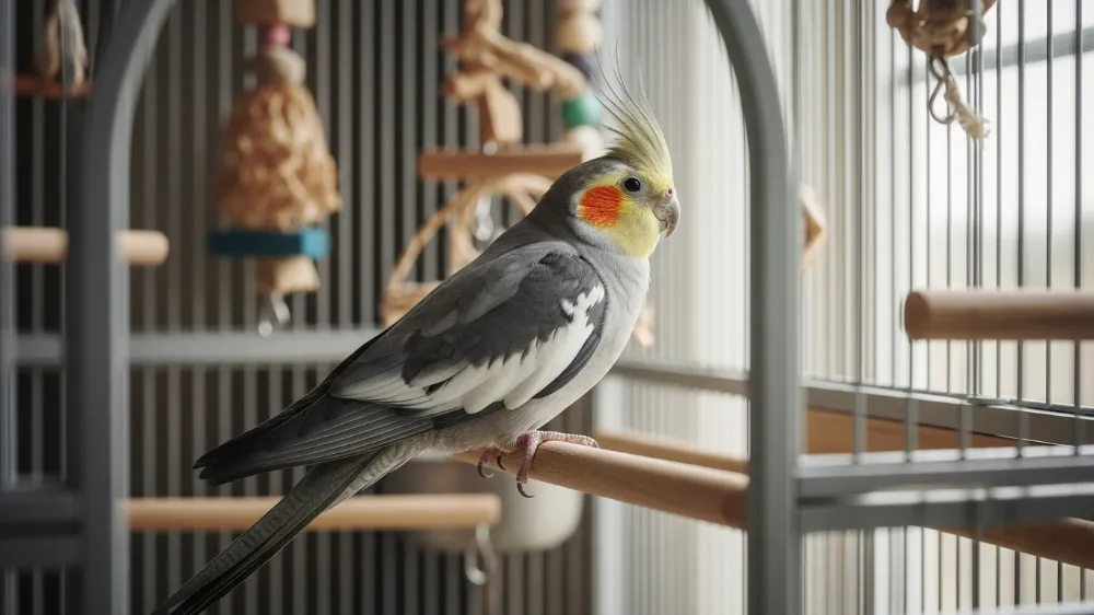 窓辺で穏やかに過ごす老鳥のオカメインコ。知能を維持するためのケアが必要な時期を示す。
