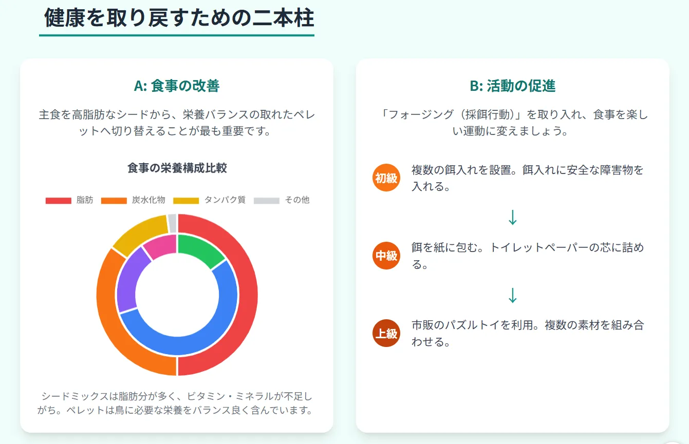 ひまわりの種など高カロリーなシードと栄養バランスの取れたペレットの比較画像。