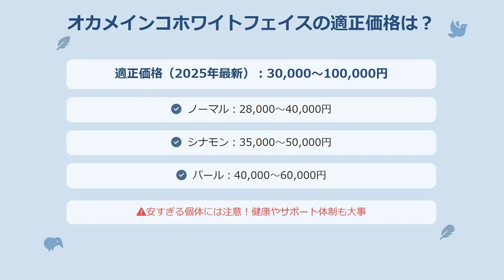 オカメインコホワイトフェイスの適正価格を解説するインフォグラフィック。品種別に雛3万円から、一人餌3.2万円からといった価格帯を図示。
