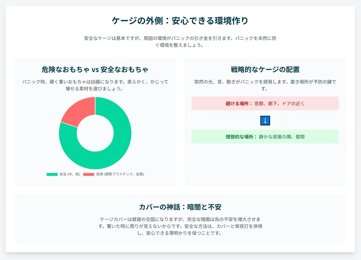 オカメパニックを防ぐケージ周りの環境整備。凶器になるおもちゃの撤去、静かな置き場所の確保、カバーの正しい使い方を解説するインフォグラフィック。