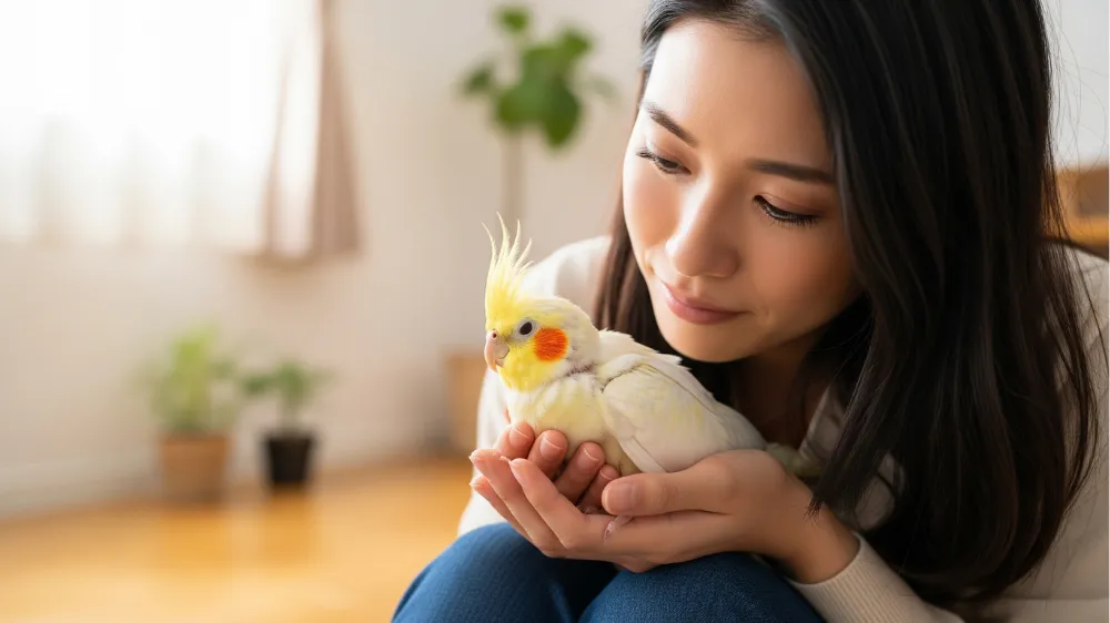 オカメインコの老鳥介護を終え、19年間の思い出を振り返るイメージ。飼い主とピーちゃんの深い絆を象徴する。