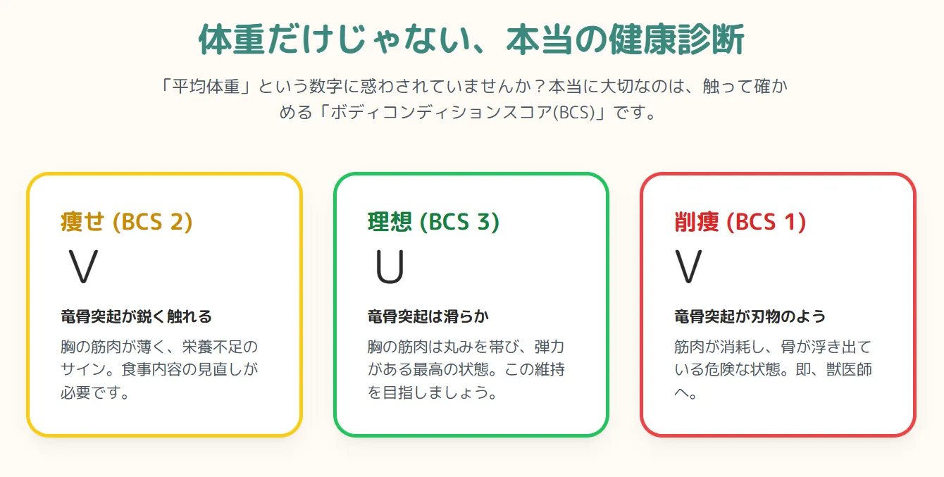 ボディコンディションスコア（BCS）の1から5までの胸筋の状態を示すイラスト図解。