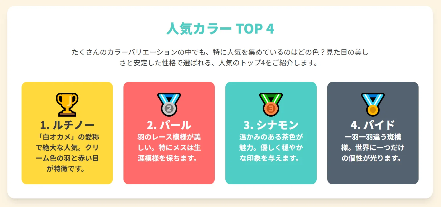 オカメインコの人気色ランキングTOP8を図解。1位のルチノーからノーマル、パール、シナモン、パイド、ホワイトフェイスなどの順位と特徴を紹介。