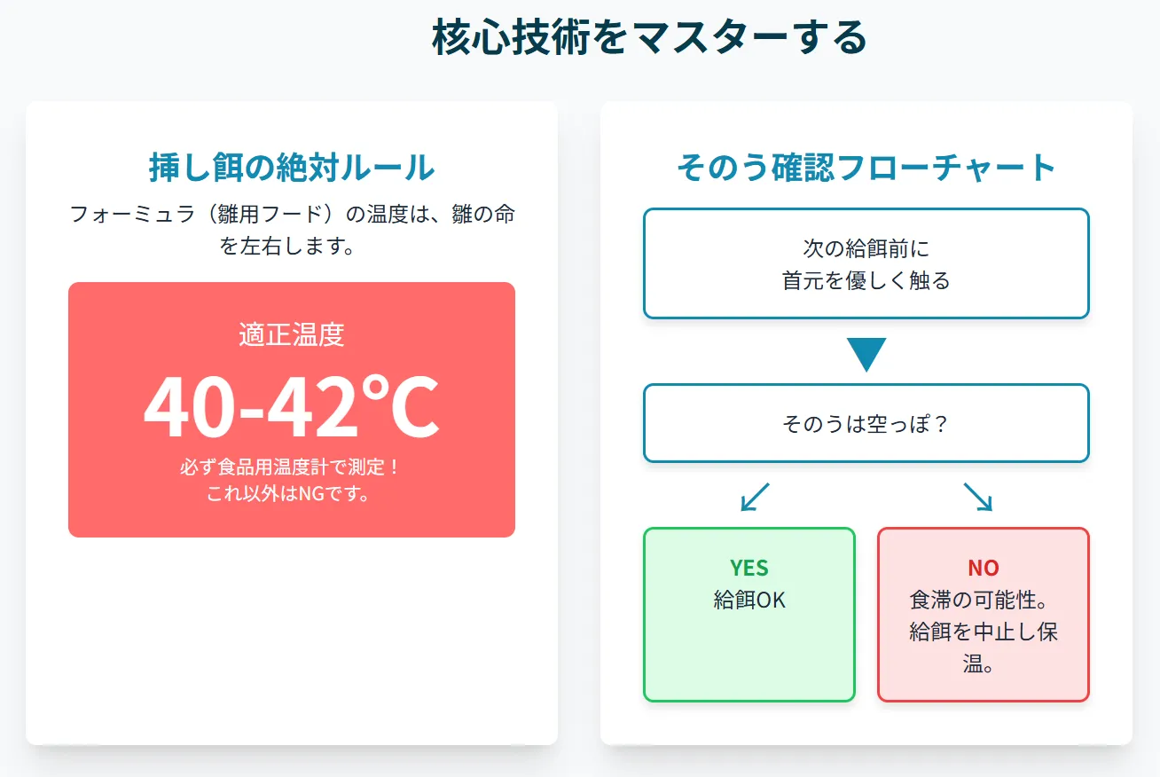 挿し餌のフォーミュラを食品用温度計で40-42℃に調整している様子。この温度管理が雛の命を守ることを示す。