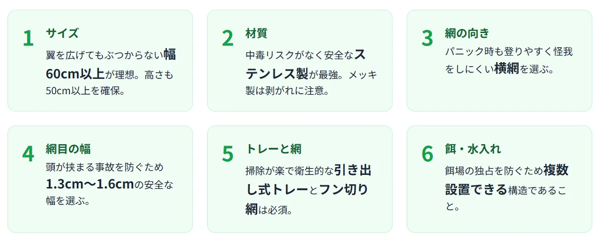 オカメインコ多頭飼い用ケージ選びの7つの絶対条件を図解。サイズは幅60cm以上、横網、ステンレス製が理想。