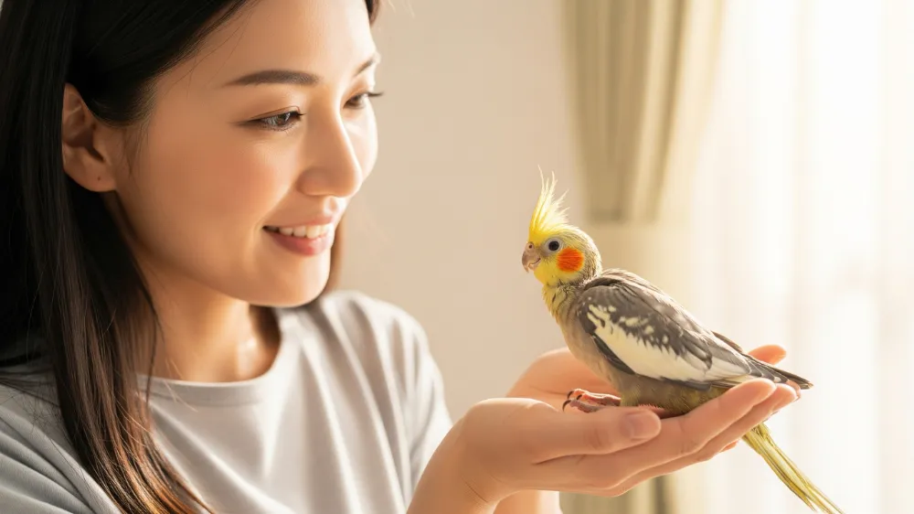 一人餌への移行を終え、親鳥と仲良く並ぶ成長したオカメインコ