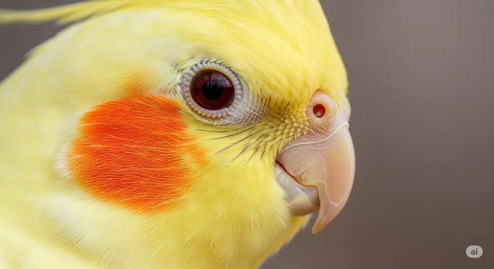 オカメインコルチノーのアップ。メラニン色素の欠如による特徴的な赤い目（ぶどう目）を写している。