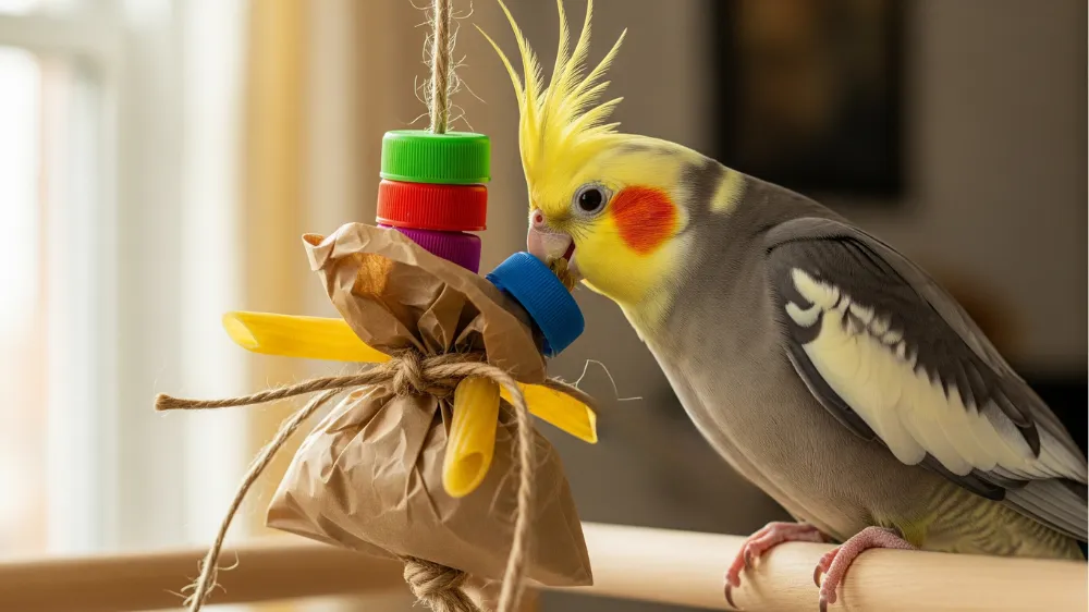 紙をちぎって遊ぶオカメインコ。初心者でも簡単に始められるフォージングの一例。