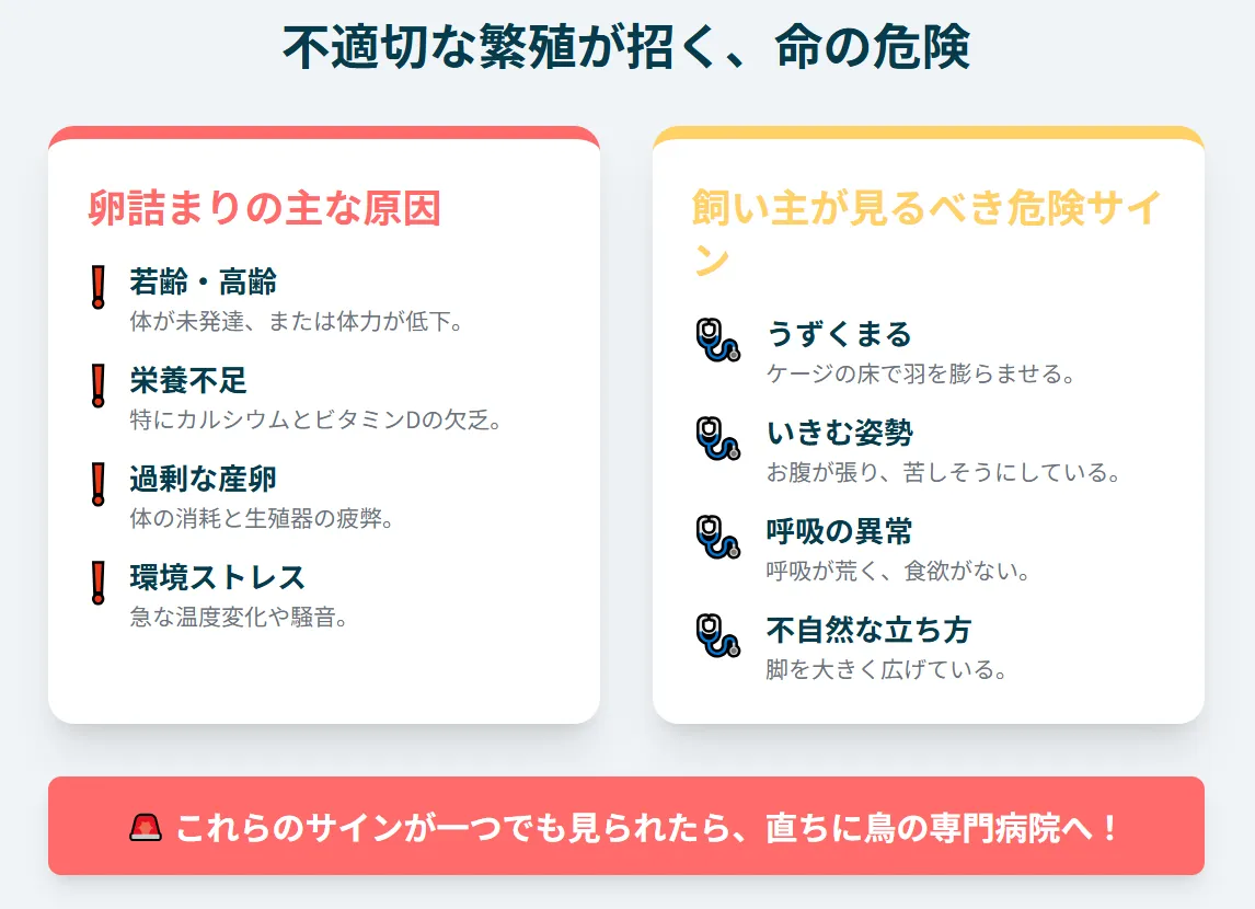 体の準備が整っていない若鳥のオカメインコが産卵することの危険性を示すイラスト