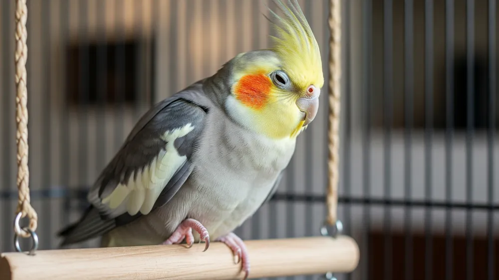 ケージの隅で寂しそうにするオカメインコ。退屈が原因のストレス食いを示唆する様子。