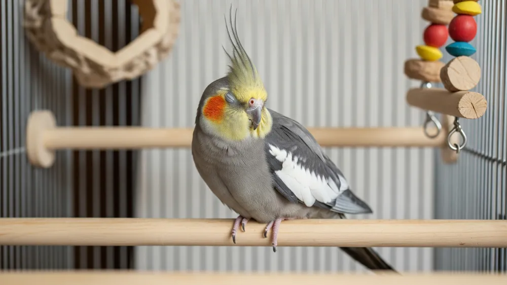 ペットホテルのケージの中でストレスを感じ、元気をなくしているオカメインコ。