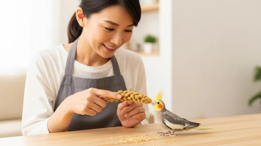 ケージに吊るされた粟穂をおいしそうに食べるオカメインコの雛