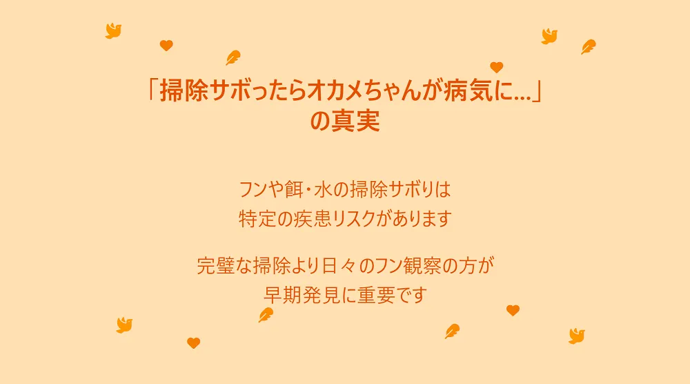 オカメインコのケージ掃除と病気の関係を示すインフォグラフィック。掃除を少しサボっても病気には直結しないことを解説。