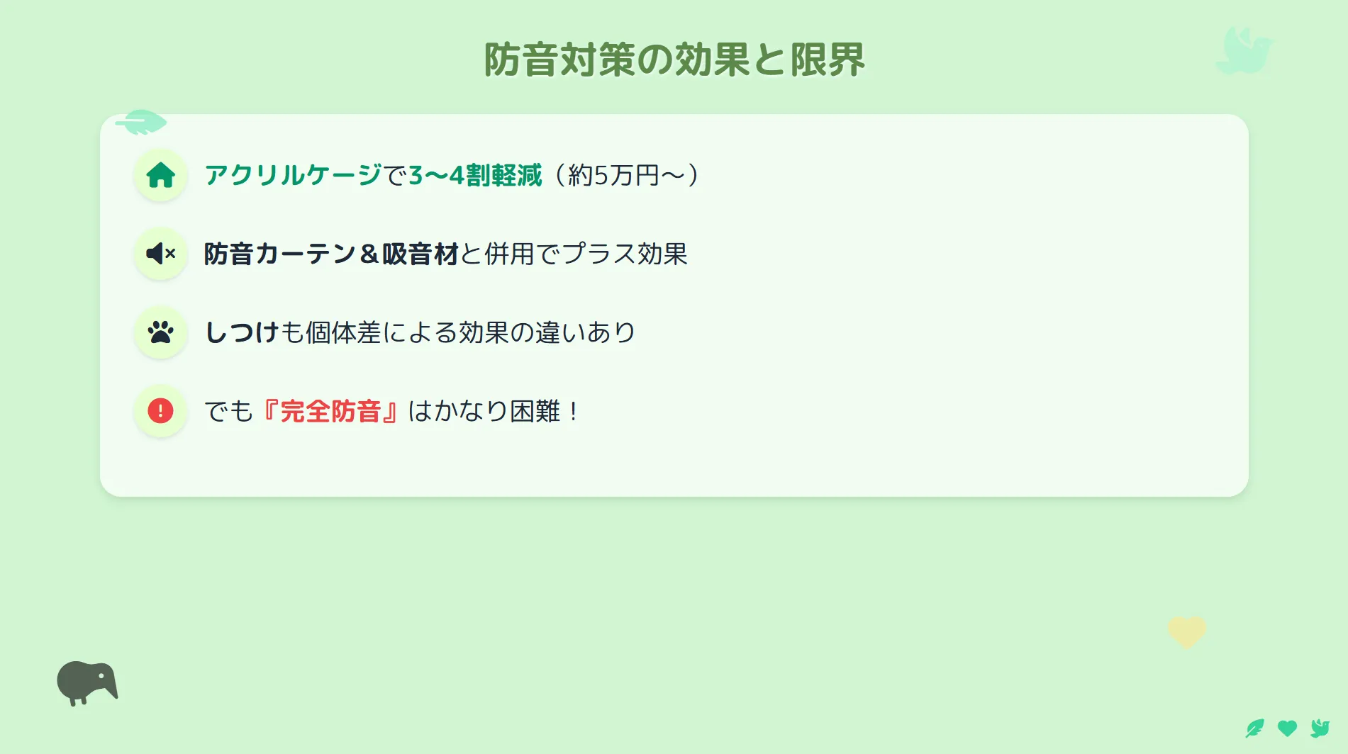 アクリルケージや防音カーテンなど、オカメインコの騒音対策グッズのインフォグラフィック。