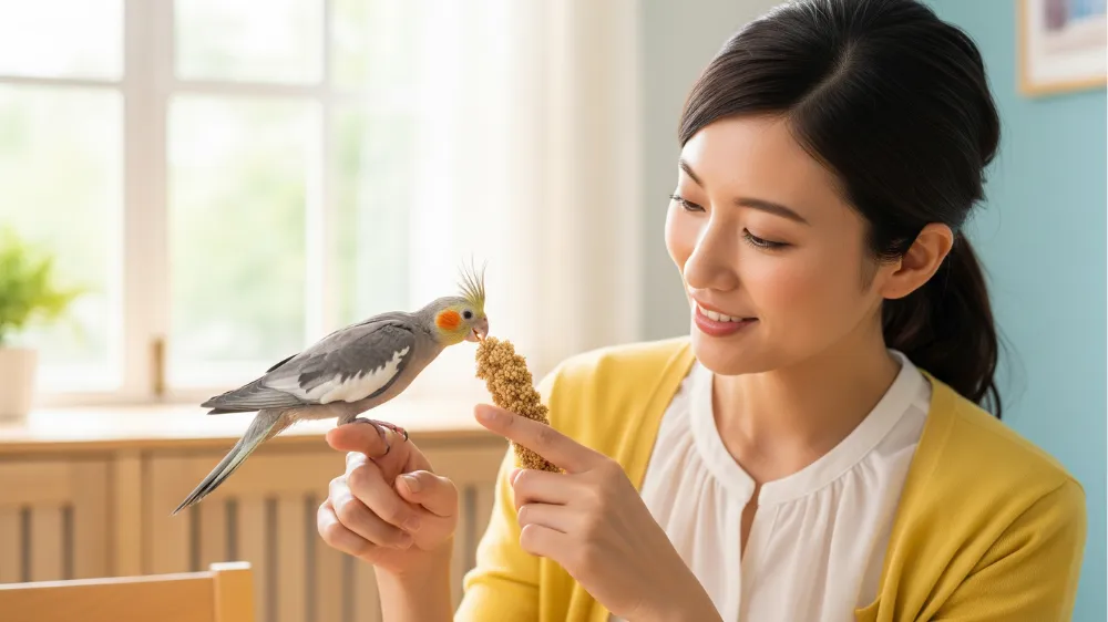 一人餌への移行を無事に終え、止まり木で元気に過ごす健康的なオカメインコ