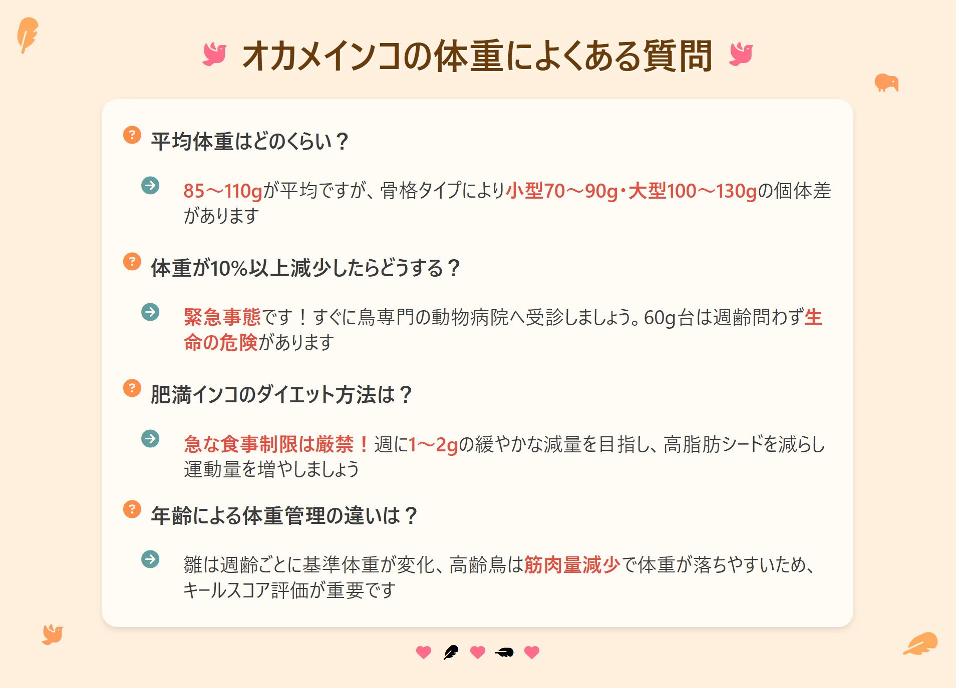 疑問符の吹き出しと首をかしげるオカメインコ。体重に関するよくある質問を象徴する画像。