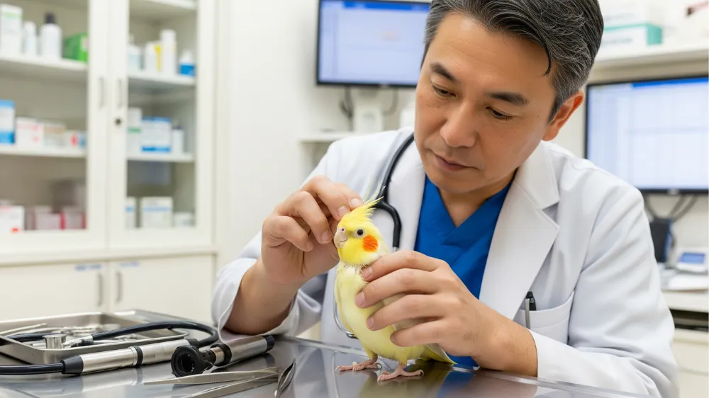 老鳥介護の一環で動物病院を受診するオカメインコ。キャリーケースの中から不安そうに外を見ている。