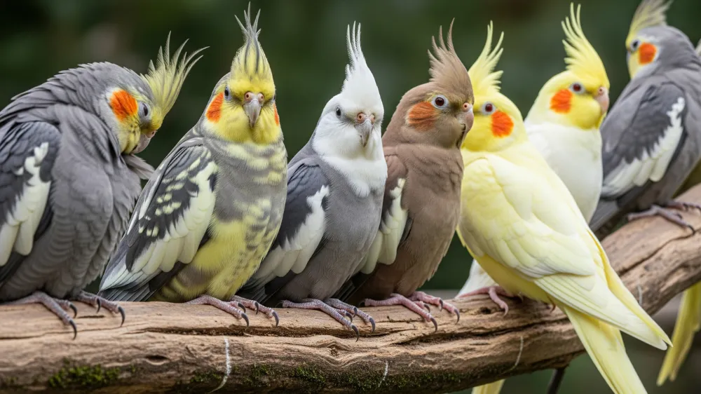 オカメインコの基本6色の特徴を紹介する画像。ノーマルは丈夫、ルチノーは人気、パールは美しい模様など、それぞれの魅力を解説。