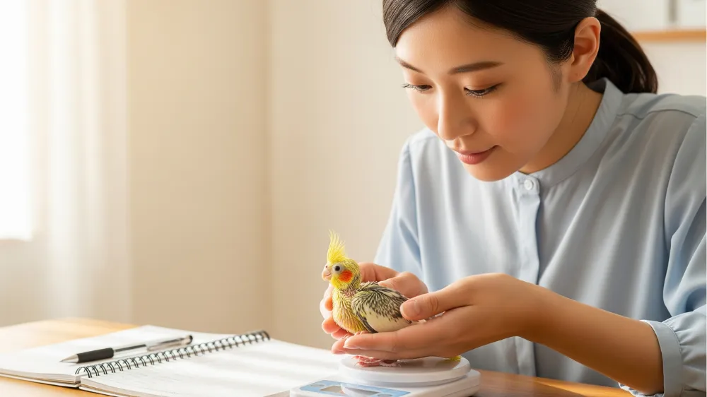 健康管理のためにデジタルスケールで毎日の体重測定をされるオカメインコの雛