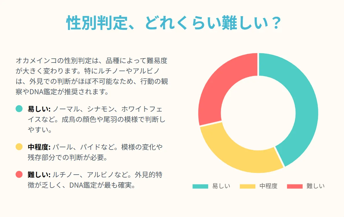 オカメインコの品種別に性別判定の難易度を示したインフォグラフィック。ノーマルは易しく、ルチノーはDNA鑑定が必要なほど困難であることを解説。