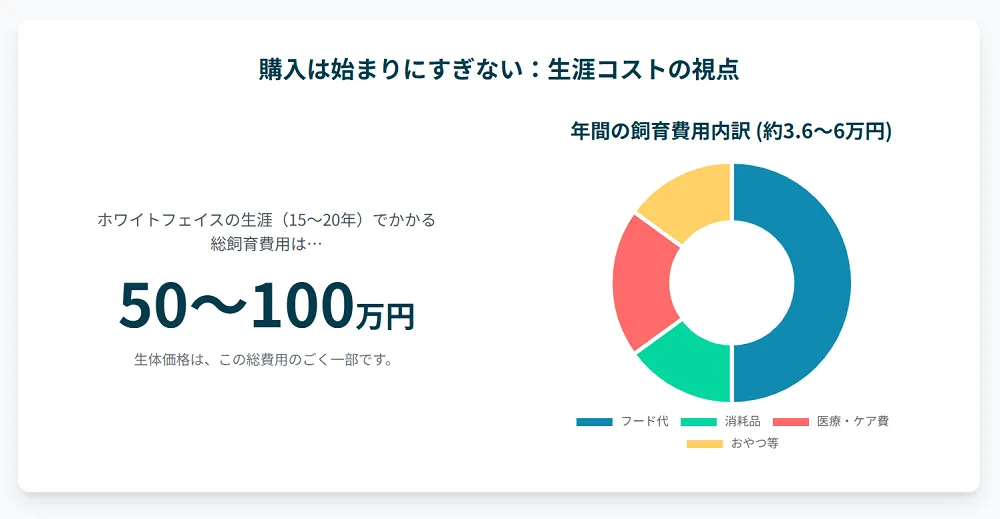 オカメインコホワイトフェイスの年間飼育費用を示すインフォグラフィック。フード代や消耗品代で年間3.6万円から6万円が必要になることを解説。
