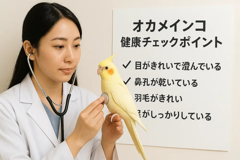 健康なオカメインコの雛を選ぶためのチェックリストのイメージ。目に輝きがあり元気な個体。