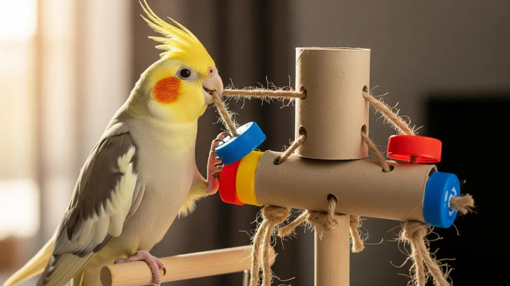 飼い主の手の中でリラックスして遊ぶ、ストレスのないオカメインコ