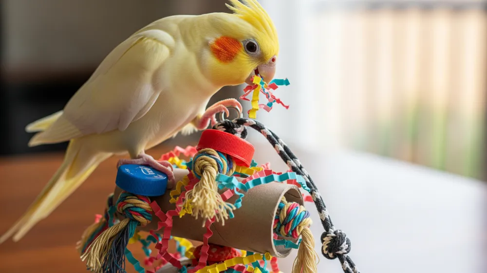 オカメインコルチノーがかじって壊すおもちゃで遊んでいる画像