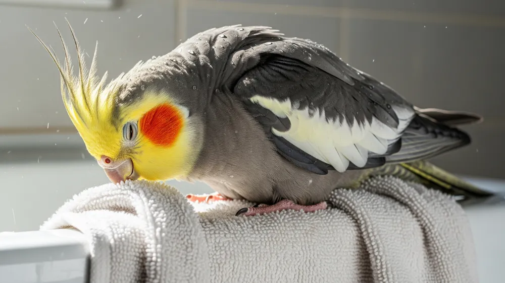 脂粉対策に効果的なオカメインコの水浴び。霧吹きを使って気持ちよさそうに水浴びするオカメインコ。