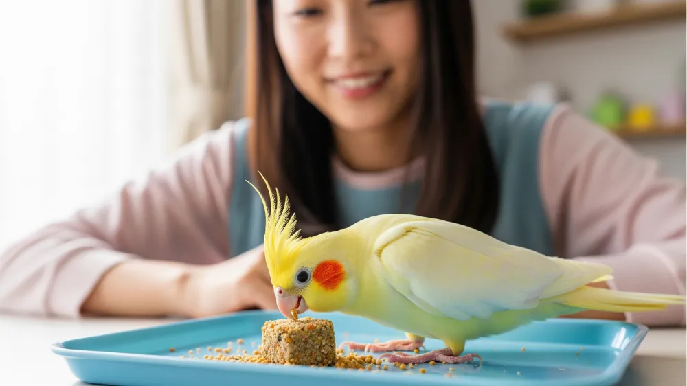 オカメインコとの豊かな人生を表現した、飼い主と愛鳥が幸せそうに過ごす温かい日常風景