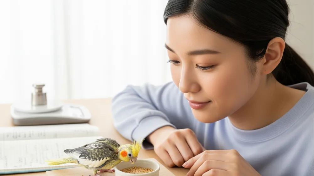 床に撒かれたシードを熱心についばむ、一人餌移行中のオカメインコの雛