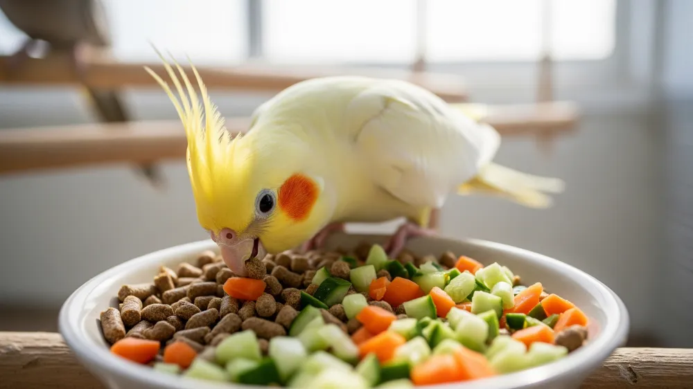 栄養バランスが考えられたペレットを食べるオカメインコ。ペレットを主食にすることの重要性を示している。