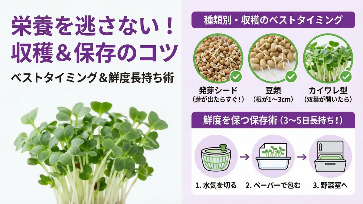 発芽シードとスプラウトの収穫タイミングを比較した画像。1～2mm芽が出た発芽シードと双葉が開いたスプラウトの最適収穫時期を並べて展示。